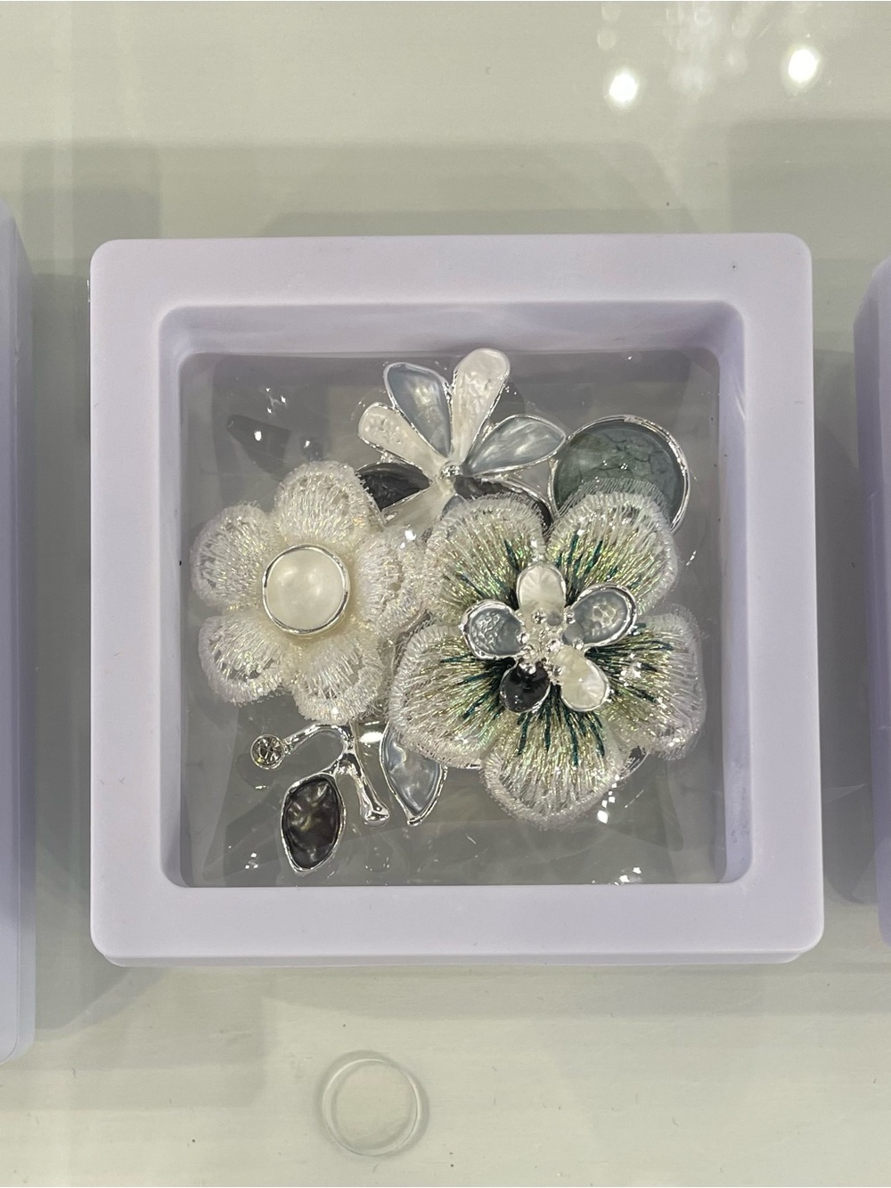 Magnetic Brooch Silver Floral Appliqué Cluster with White and Green Embroidery